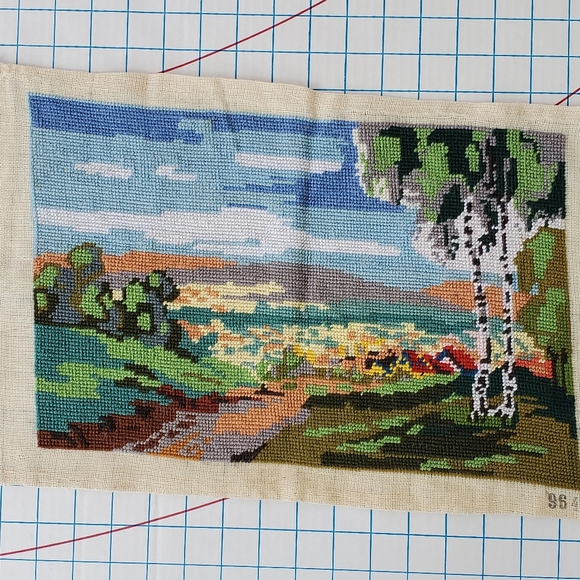 Landscape Trees Embroidered Tapestry Piece 14.5x9.5 Handmade Cottagecore - Picture 2 of 6